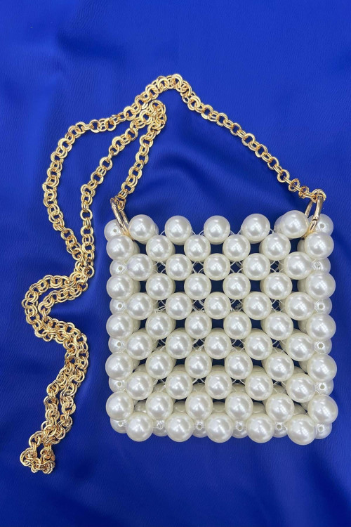 Gold Chain Pearl Shoulder Bag Cream