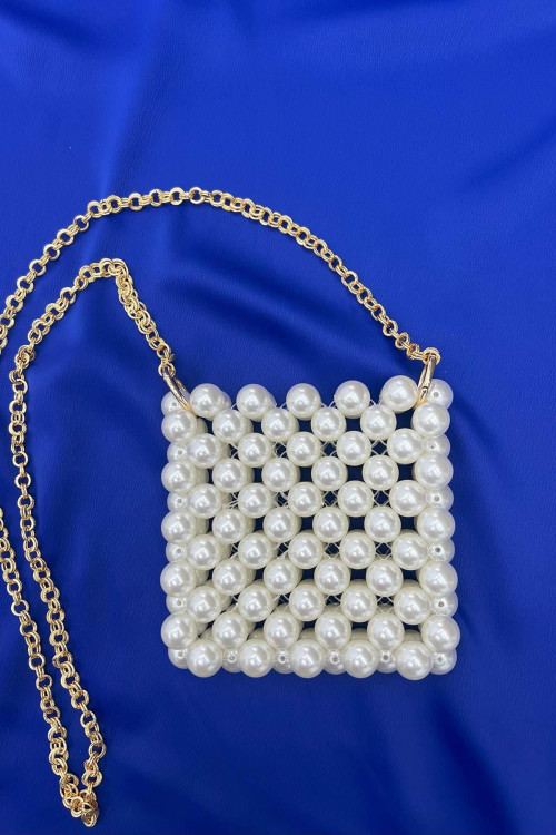 Gold Chain Pearl Shoulder Bag Cream