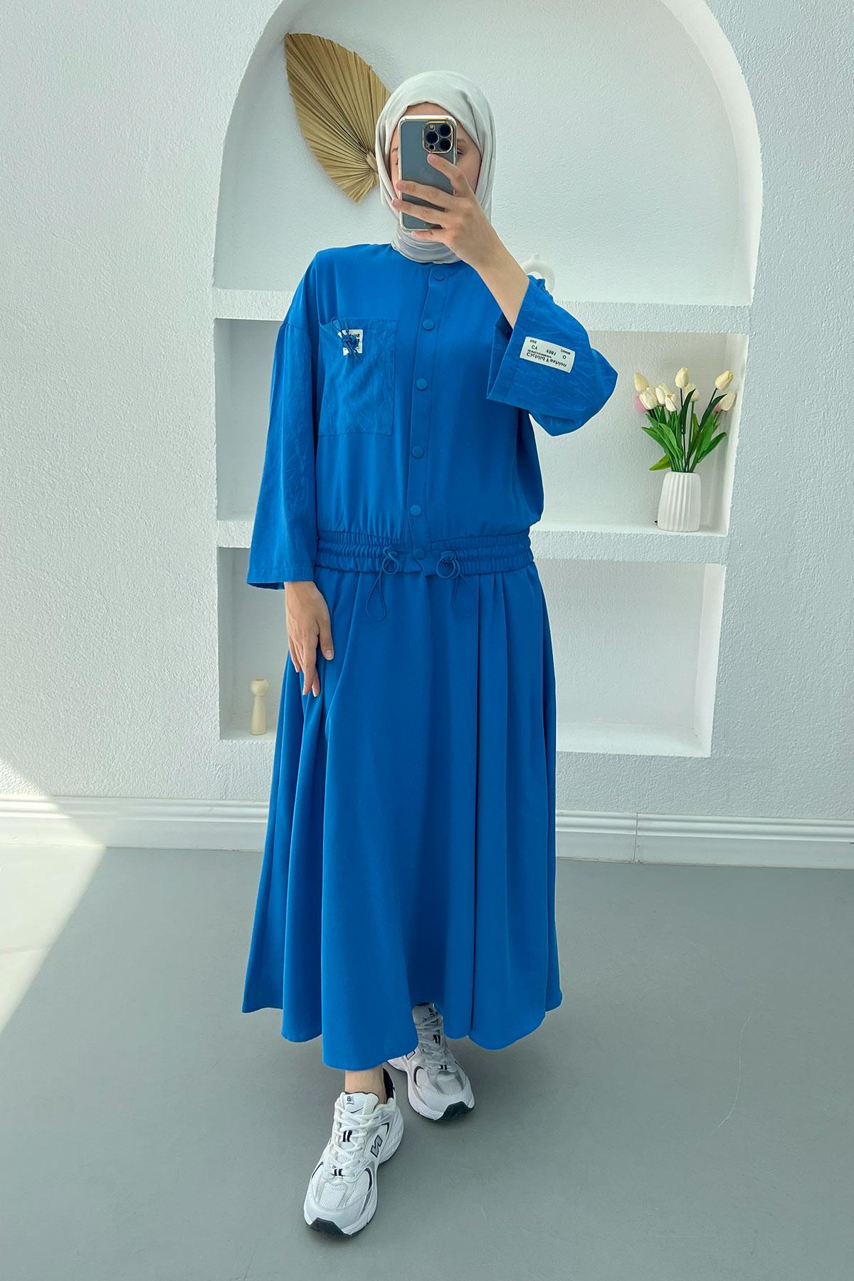 Embroidered Pleated Skirt Set Blue