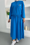 Embroidered Pleated Skirt Set Blue