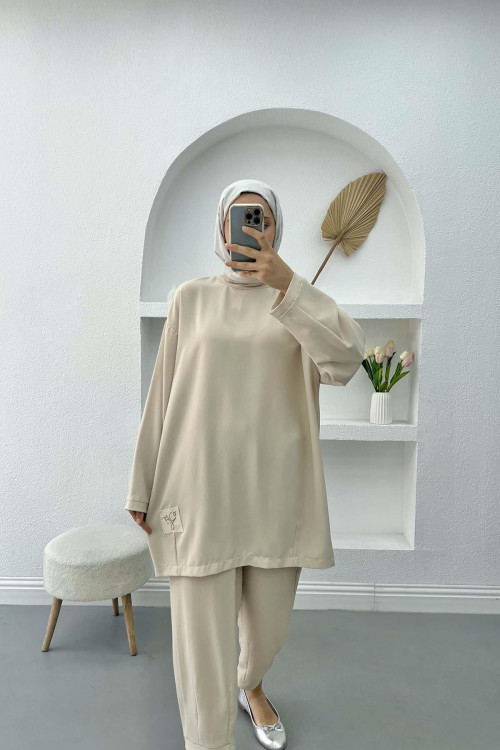 Embroidered Tunic Set Beige