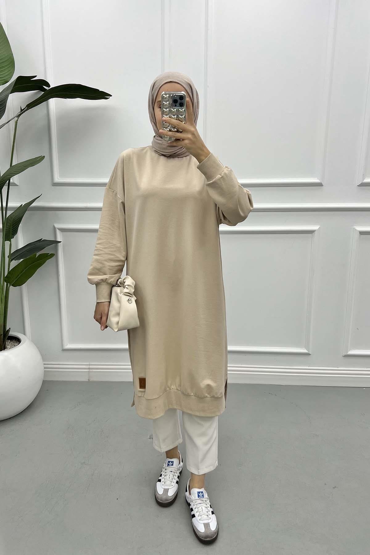 Embroidered Long Tunic Beige