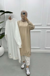 Embroidered Long Tunic Beige