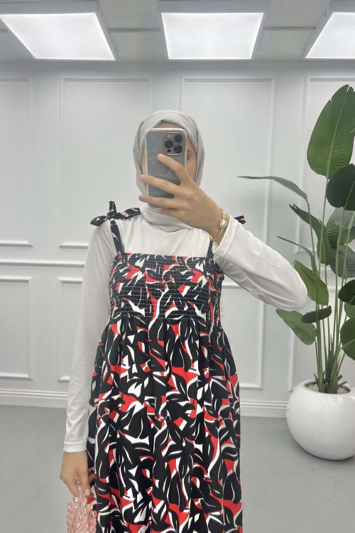 Strap Patterned Dress Black