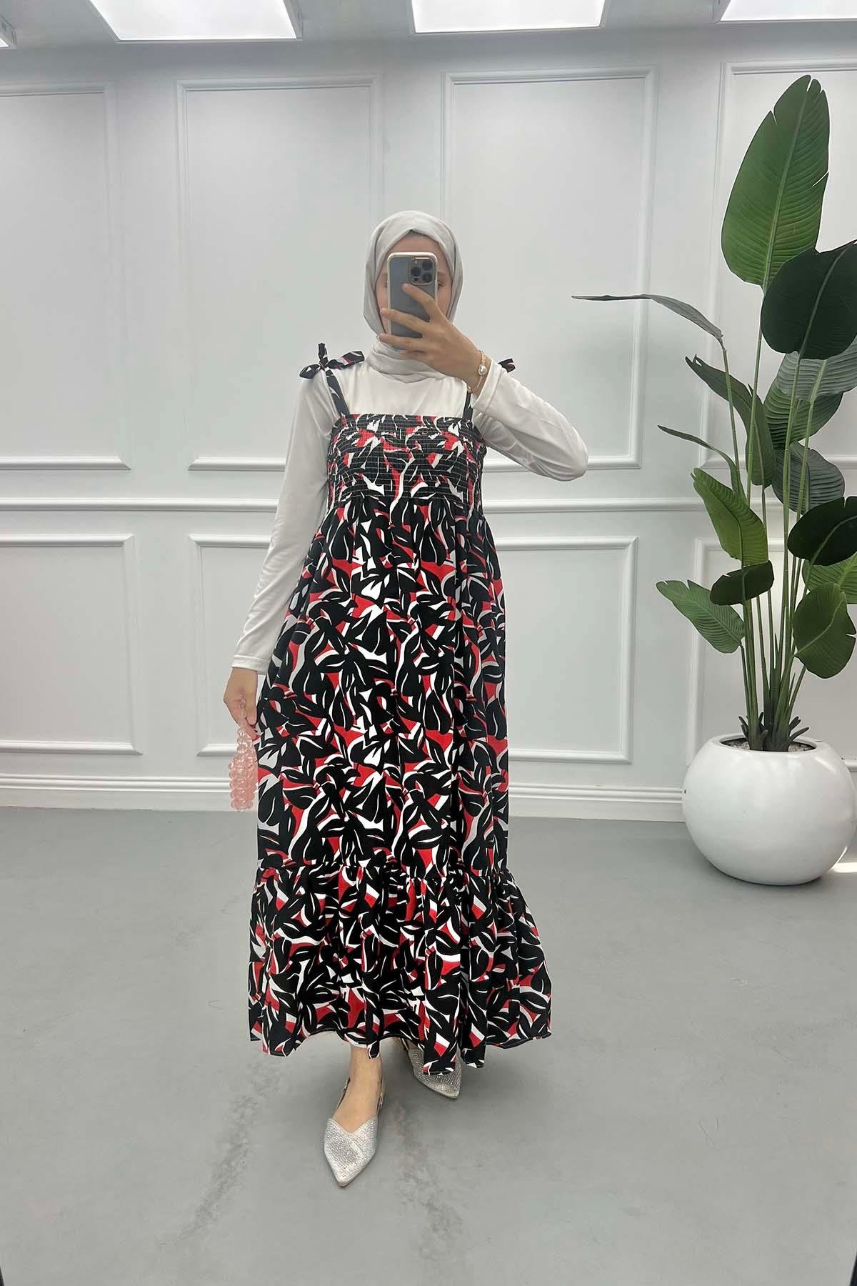 Strap Patterned Dress Black