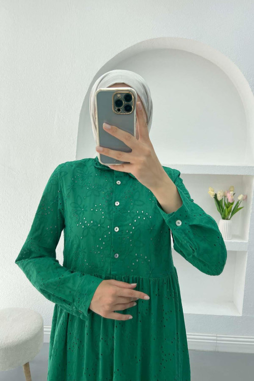 Lined Cutwork Dress Emerald Green