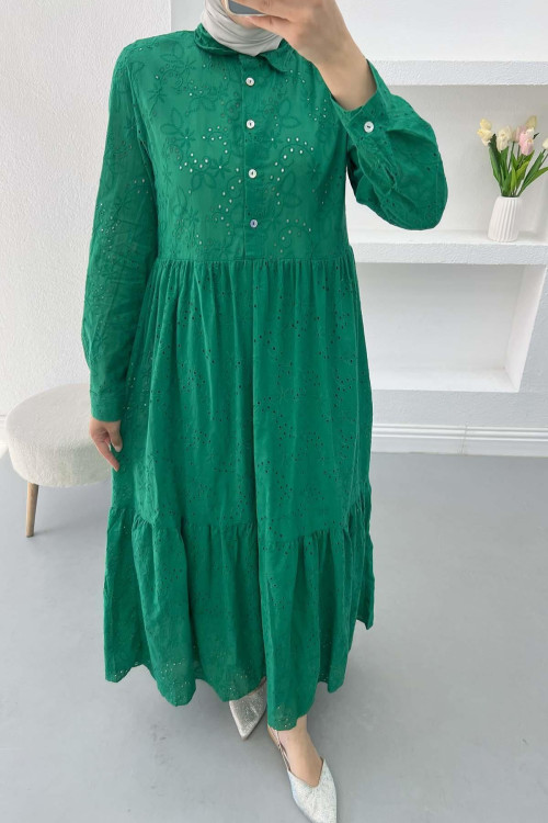 Lined Cutwork Dress Emerald Green