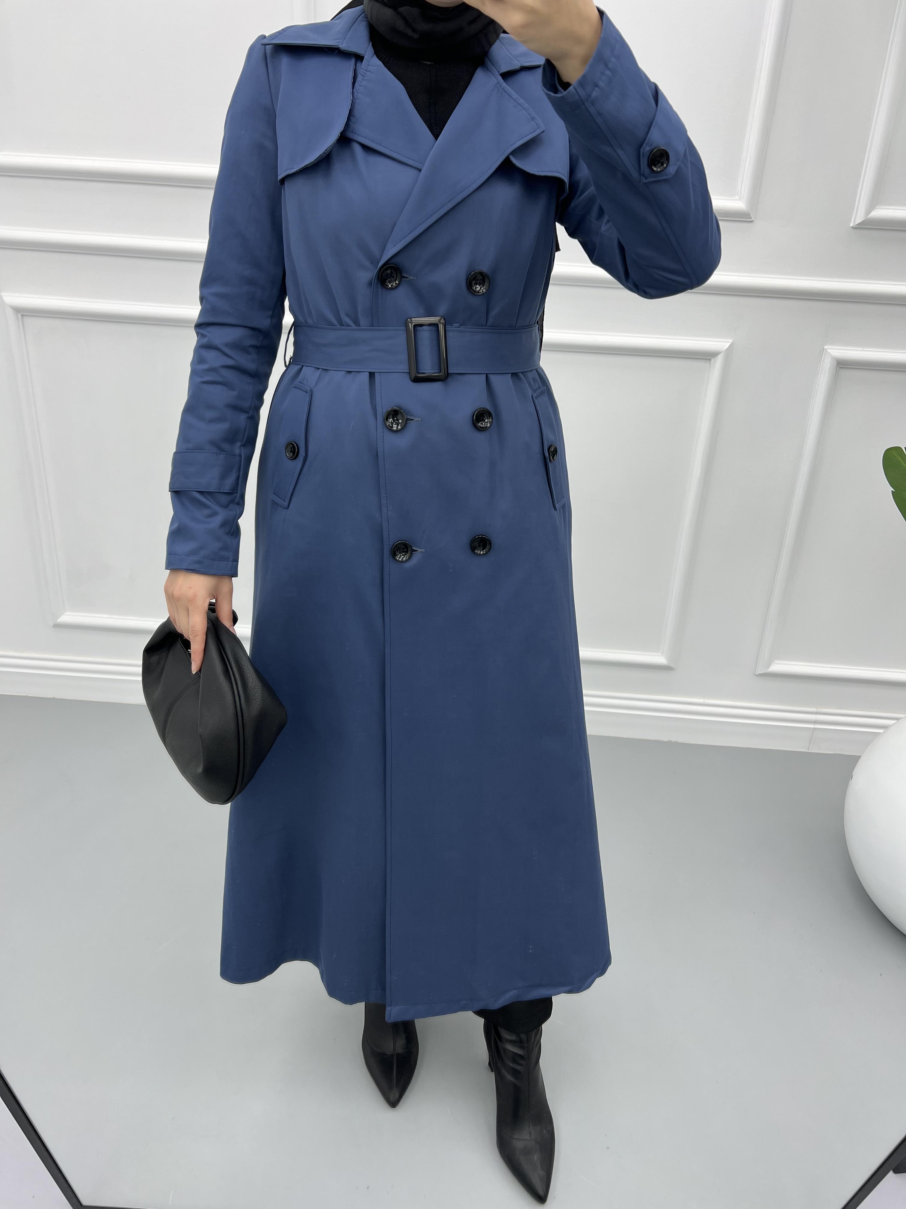 Lined Belted Buttoned Trench Coat Indigo