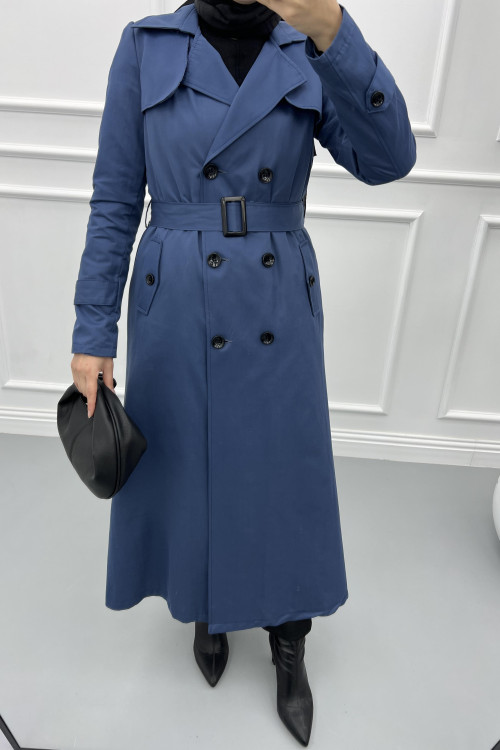 Lined Belted Buttoned Trench Coat Indigo