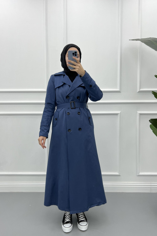 Lined Belted Buttoned Trench Coat Indigo