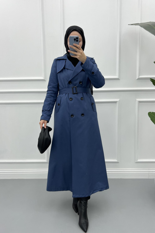 Lined Belted Buttoned Trench Coat Indigo