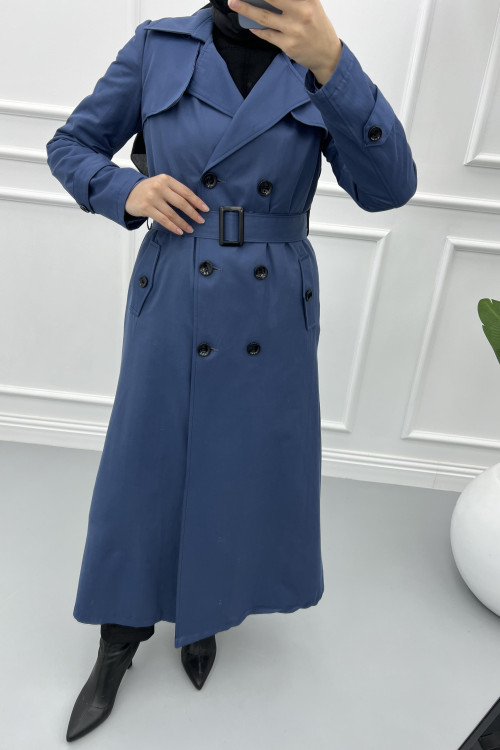 Lined Belted Buttoned Trench Coat Indigo