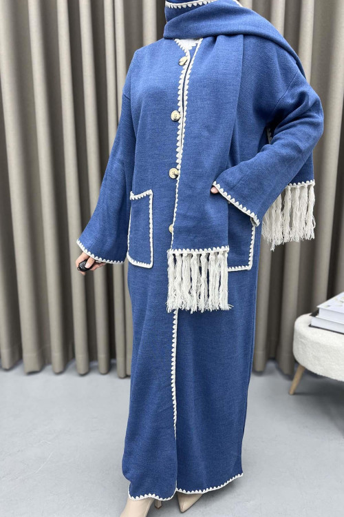 Embroidered Long Cardigan with Scarf Indigo