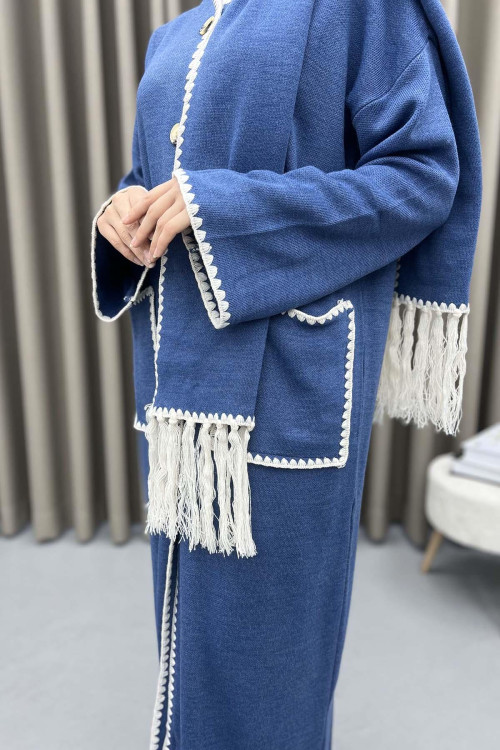 Embroidered Long Cardigan with Scarf Indigo