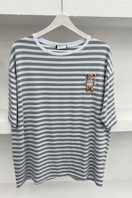 Teddy Bear Figured Striped T-Shirt Gray