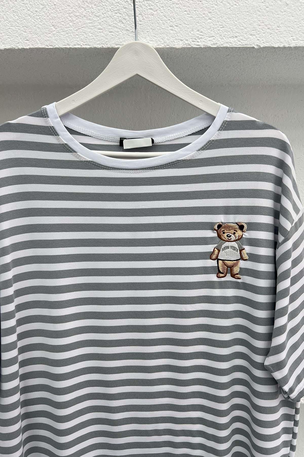 Teddy Bear Figured Striped T-Shirt Gray