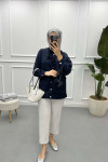 Tied Floral Embroidered Jacket Navy Blue