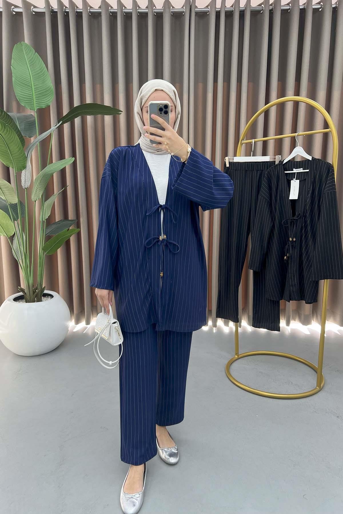 Tied Striped Suit Navy Blue