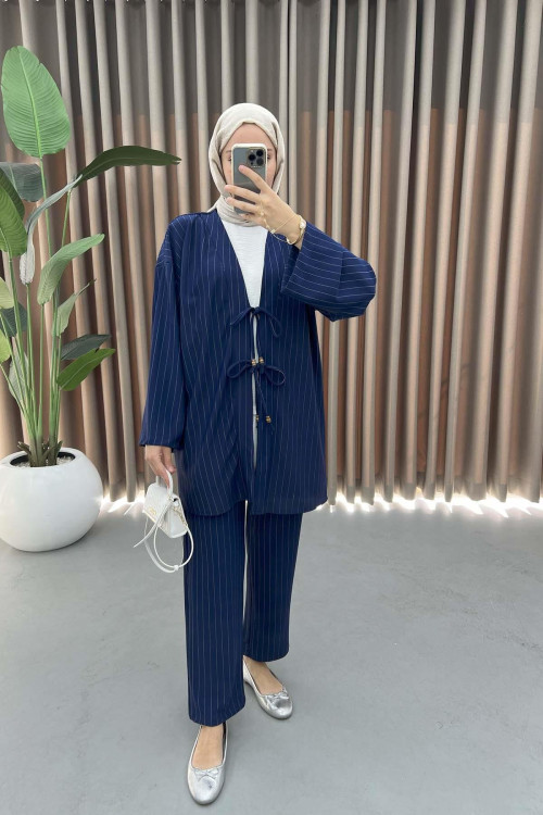 Tied Striped Suit Navy Blue