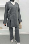 Tied Embroidered Knitwear Set Gray