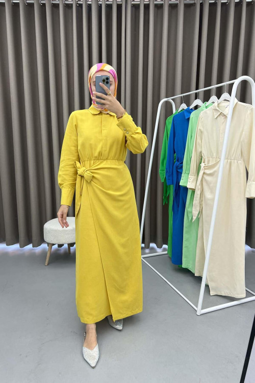 Tied Linen Dress Mustard