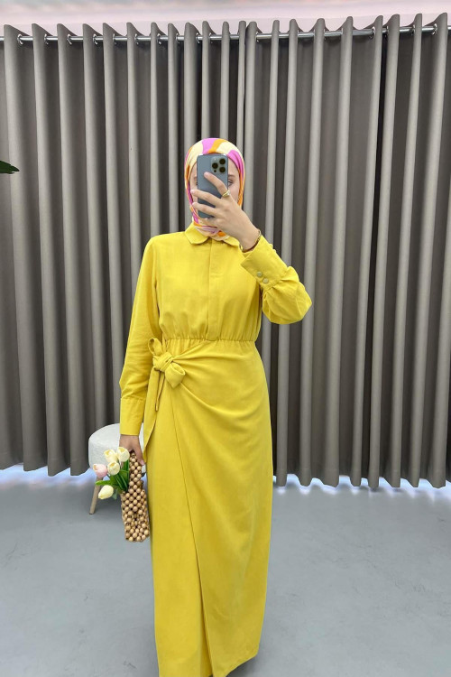 Tied Linen Dress Mustard