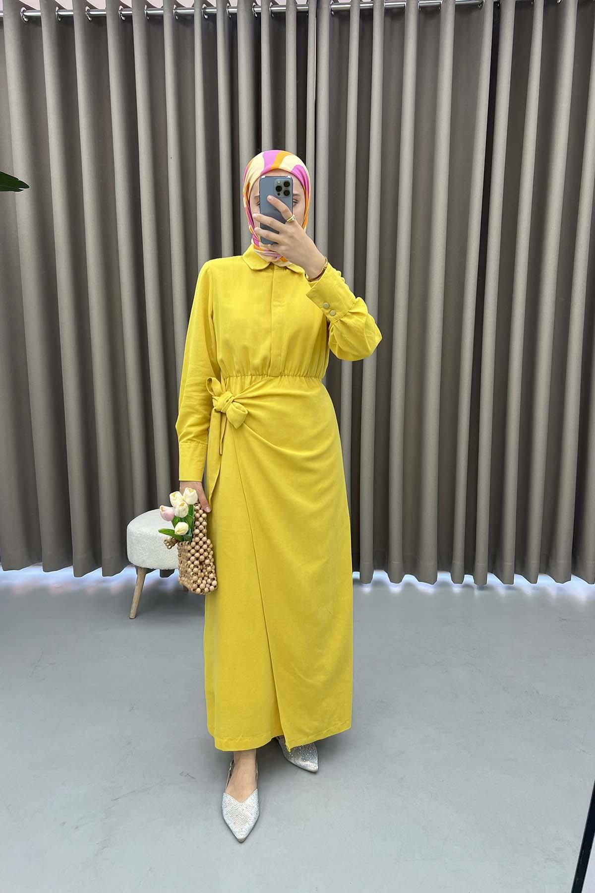 Tied Linen Dress Mustard