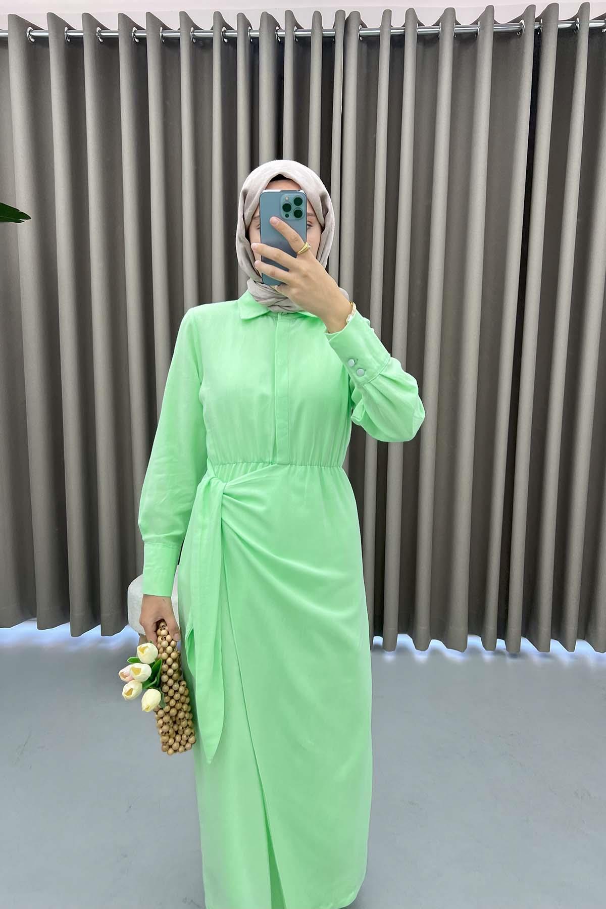 Tied Linen Dress Aqua Green