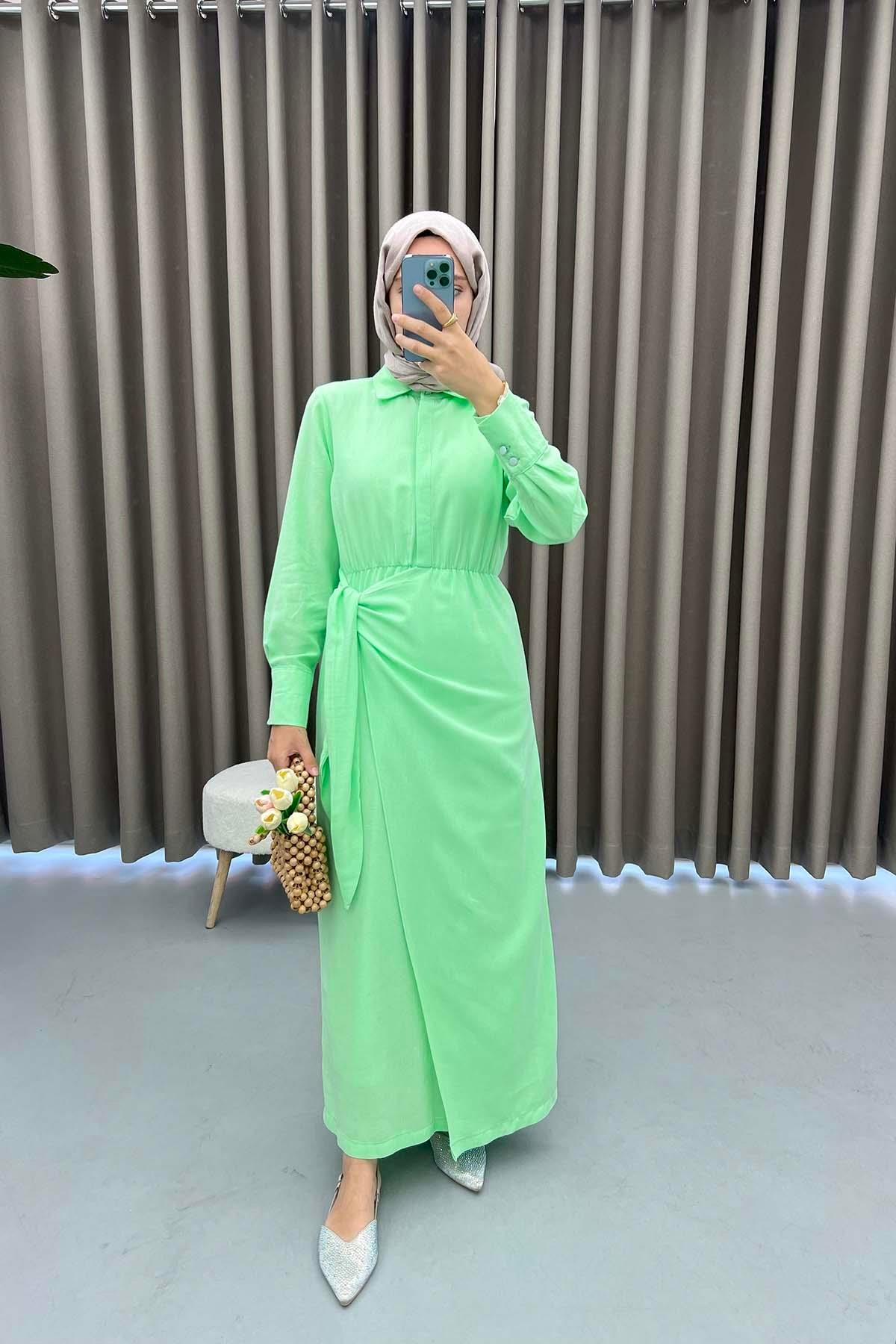 Tied Linen Dress Aqua Green