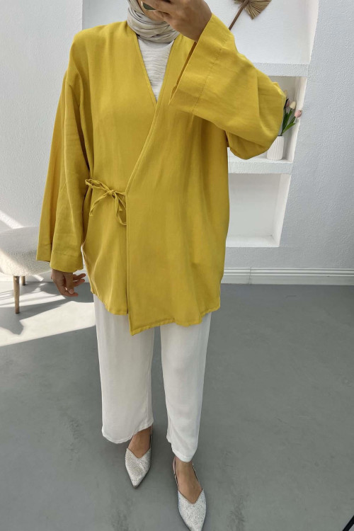 Tied Linen Kimono Mustard