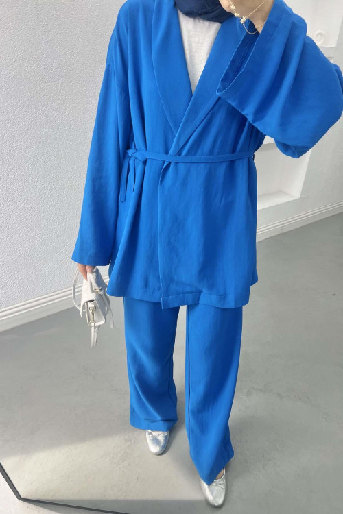 Tied Belted Suit Blue