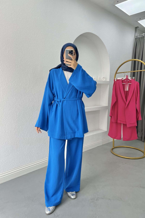 Tied Belted Suit Blue