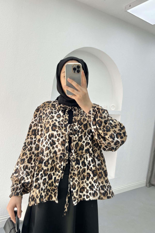 Tied Leopard Blouse Black