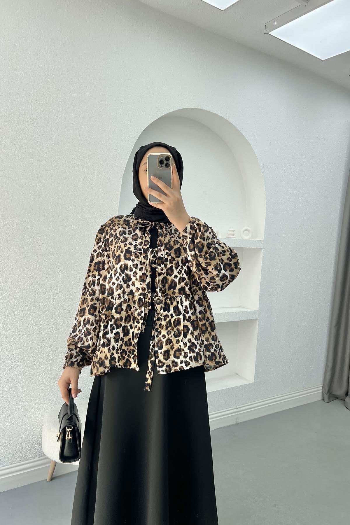 Tied Leopard Blouse Black