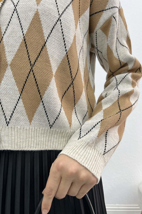 Baklava Patterned Cardigan Beige