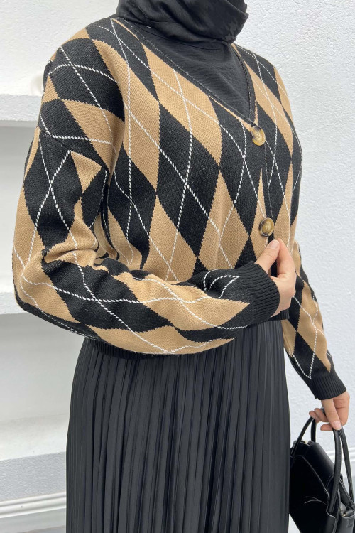 Baklava Patterned Cardigan Milk Coffee