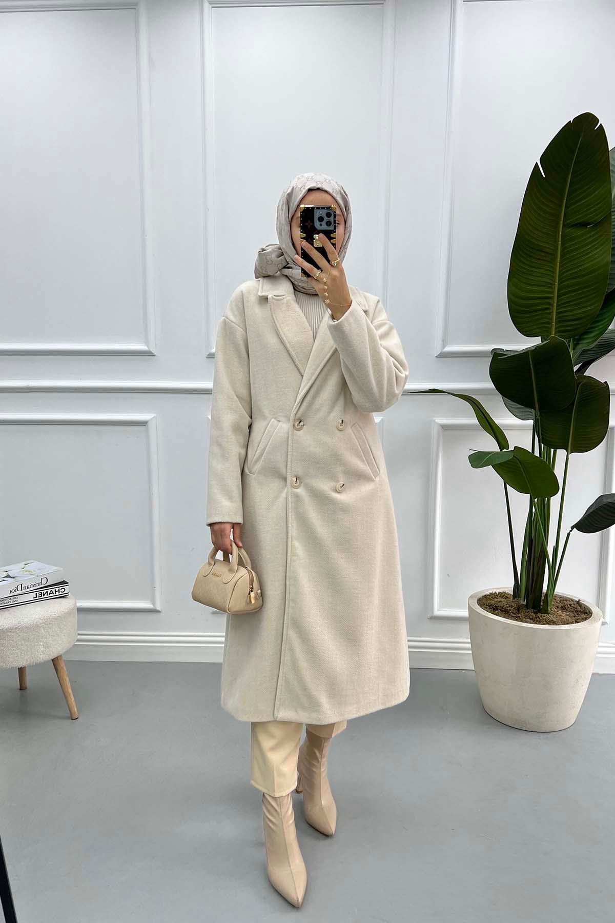 Herringbone Cashmere Coat Ecru