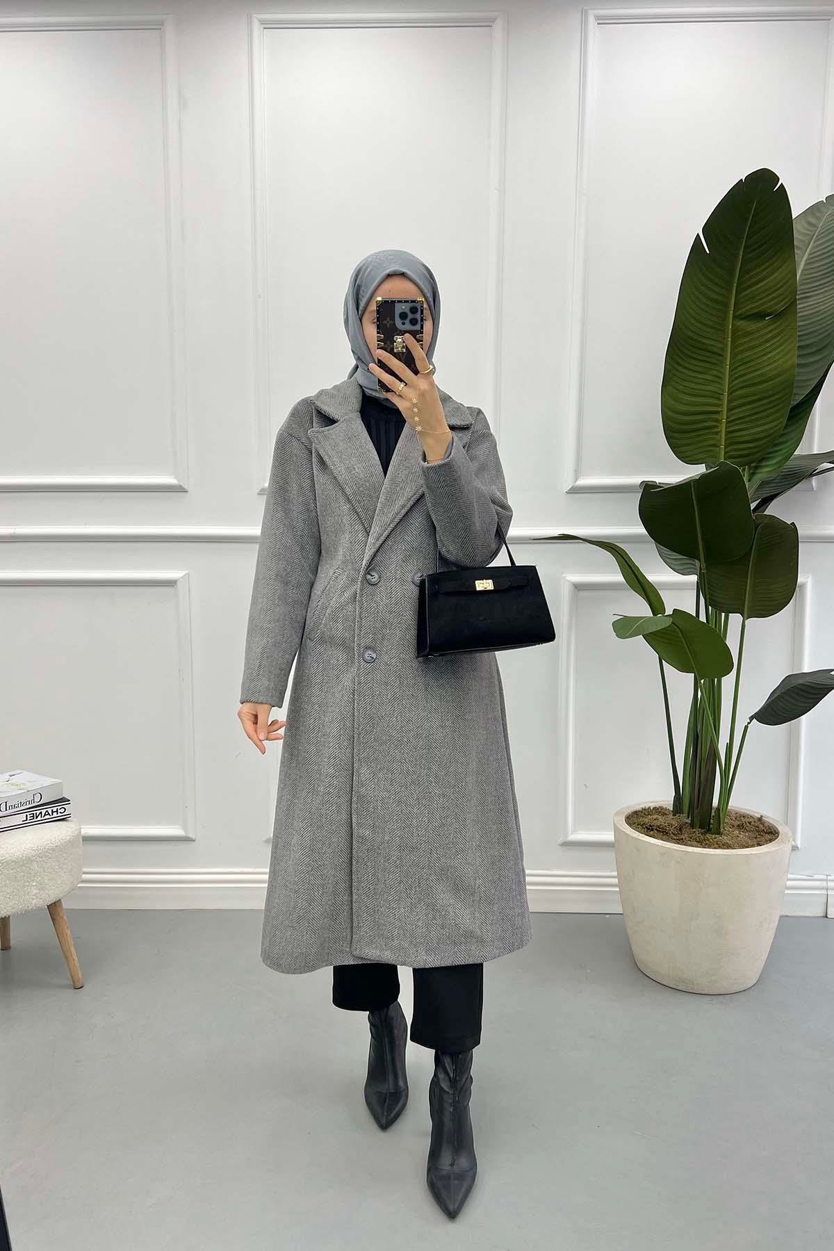 Herringbone Cashmere Coat Grey