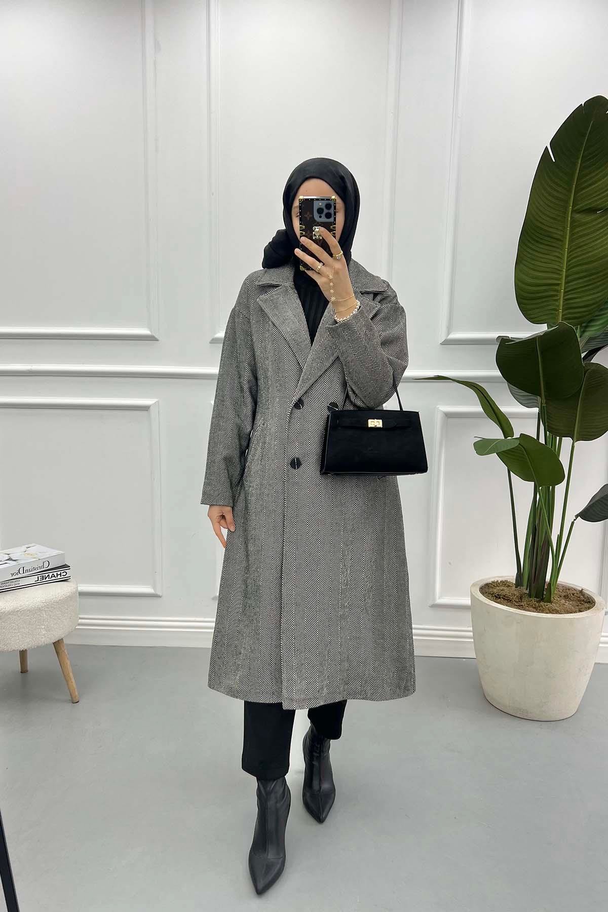 Herringbone Cashmere Coat Black