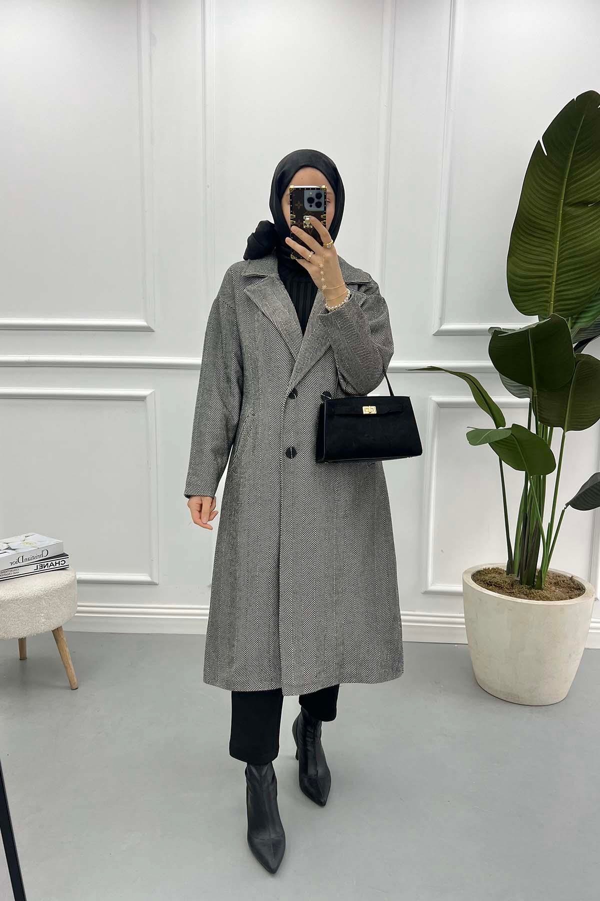 Herringbone Cashmere Coat Black