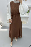 Balloon Sleeve Striped Dress Brown