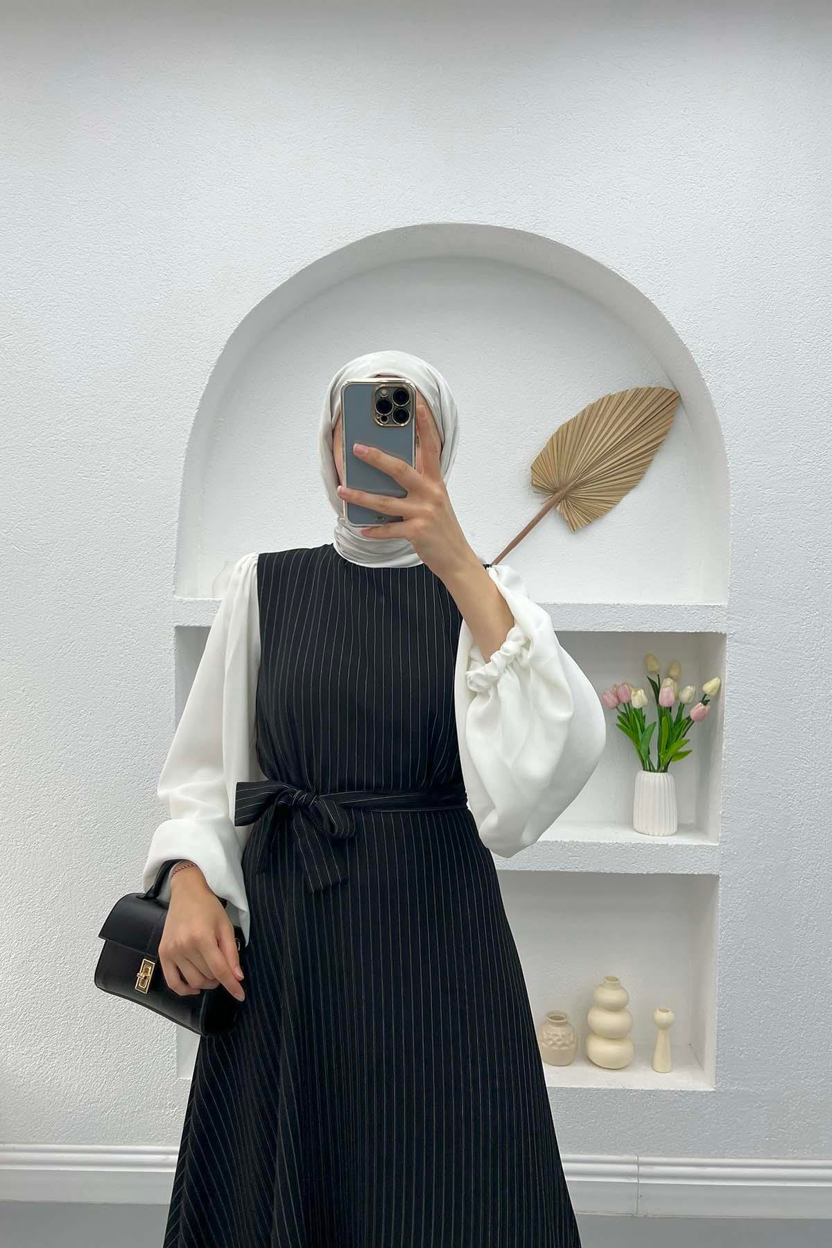 Balloon Sleeve Striped Dress Black