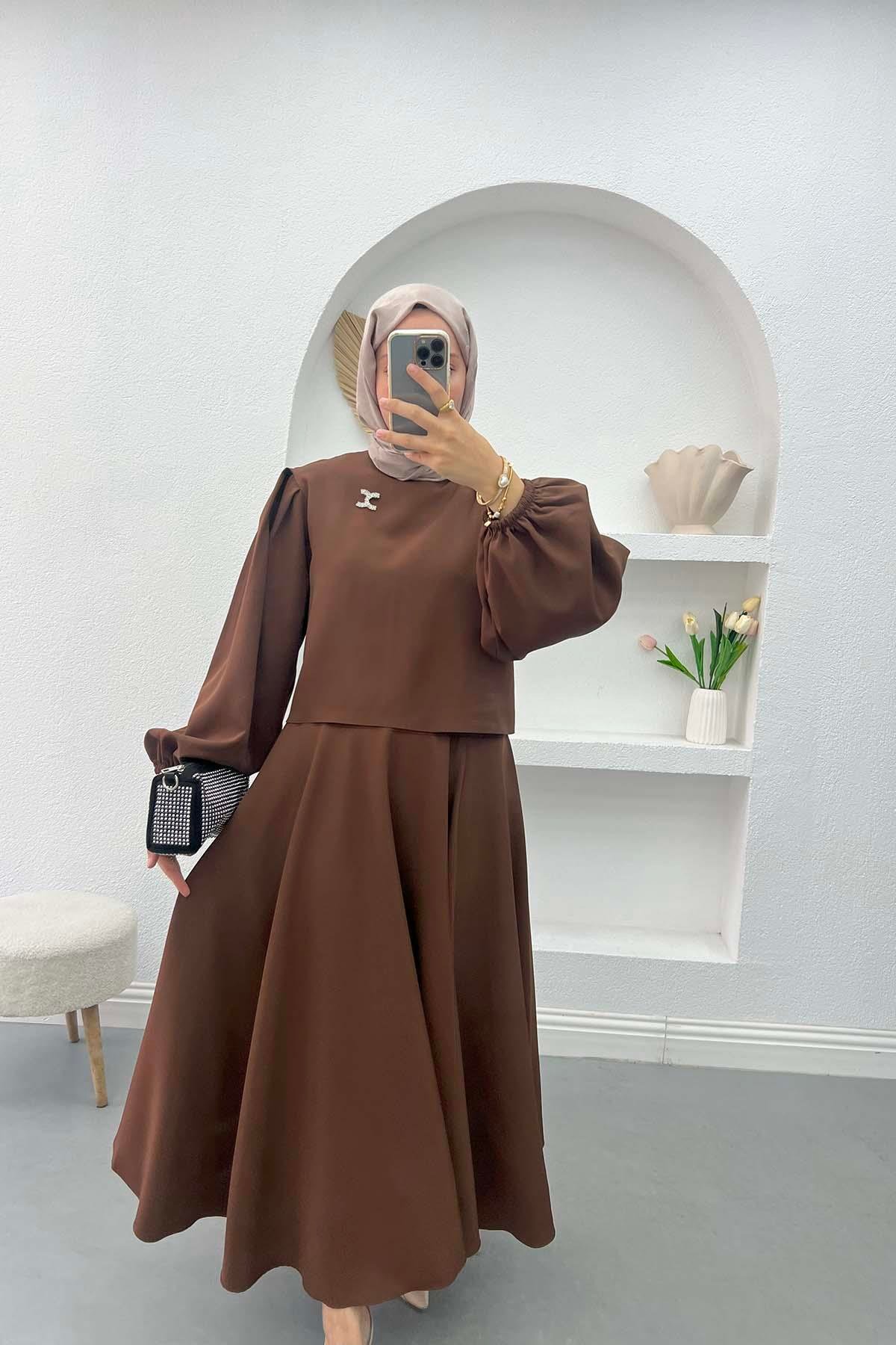 Balloon Sleeve Crop Set Brown