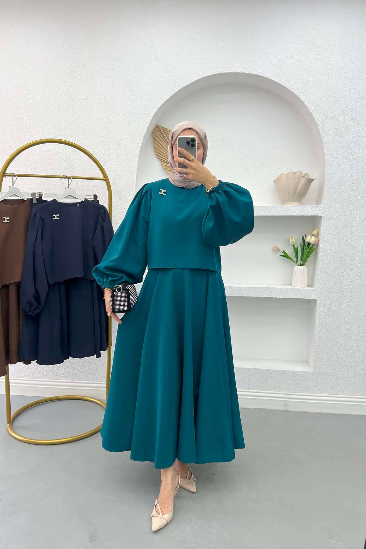 Balloon Sleeve Crop Suit Petrol Blue