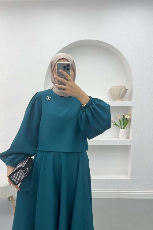 Balloon Sleeve Crop Suit Petrol Blue