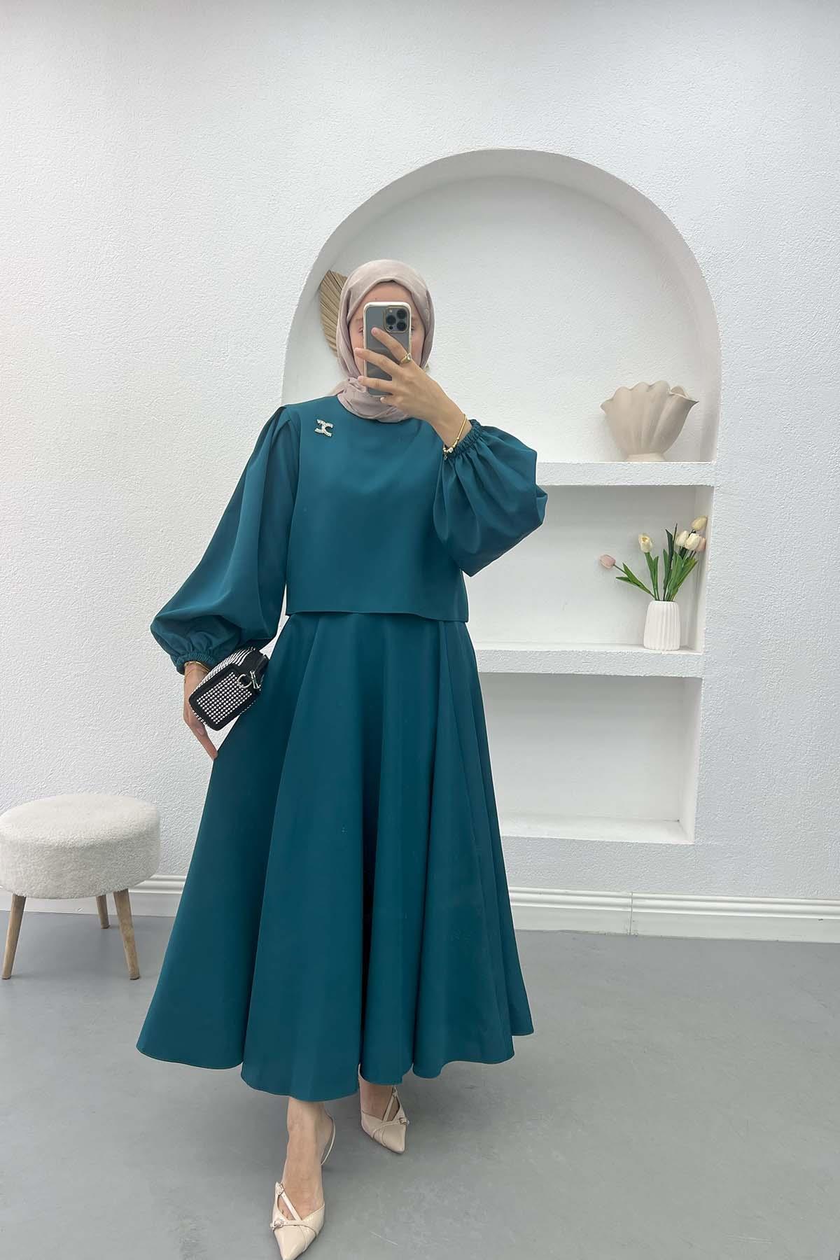 Balloon Sleeve Crop Suit Petrol Blue