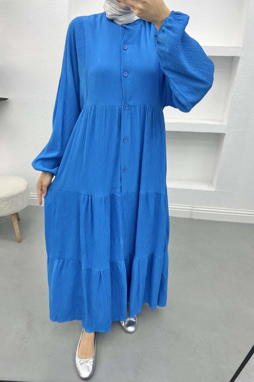 Balloon Sleeve Button Dress Blue