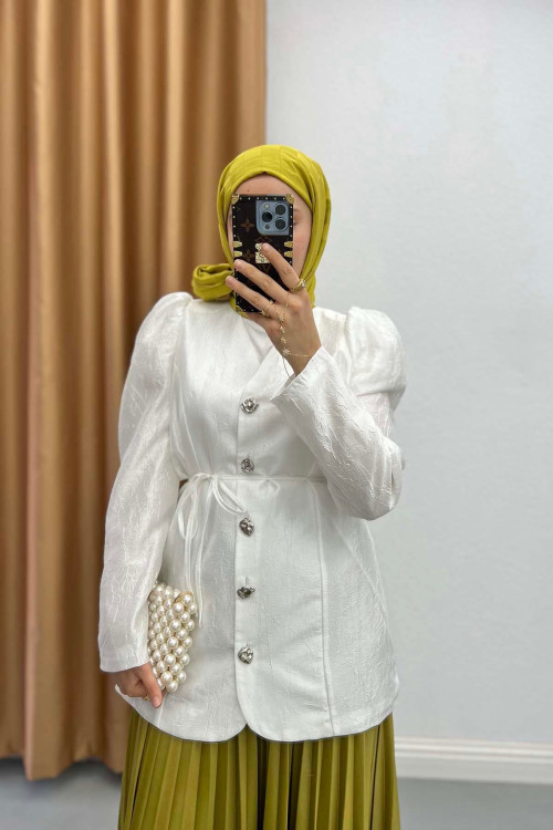 Balloon Sleeve Jacquard Jacket White