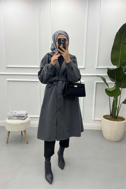 Balloon Sleeve Cashmere Coat Anthracite