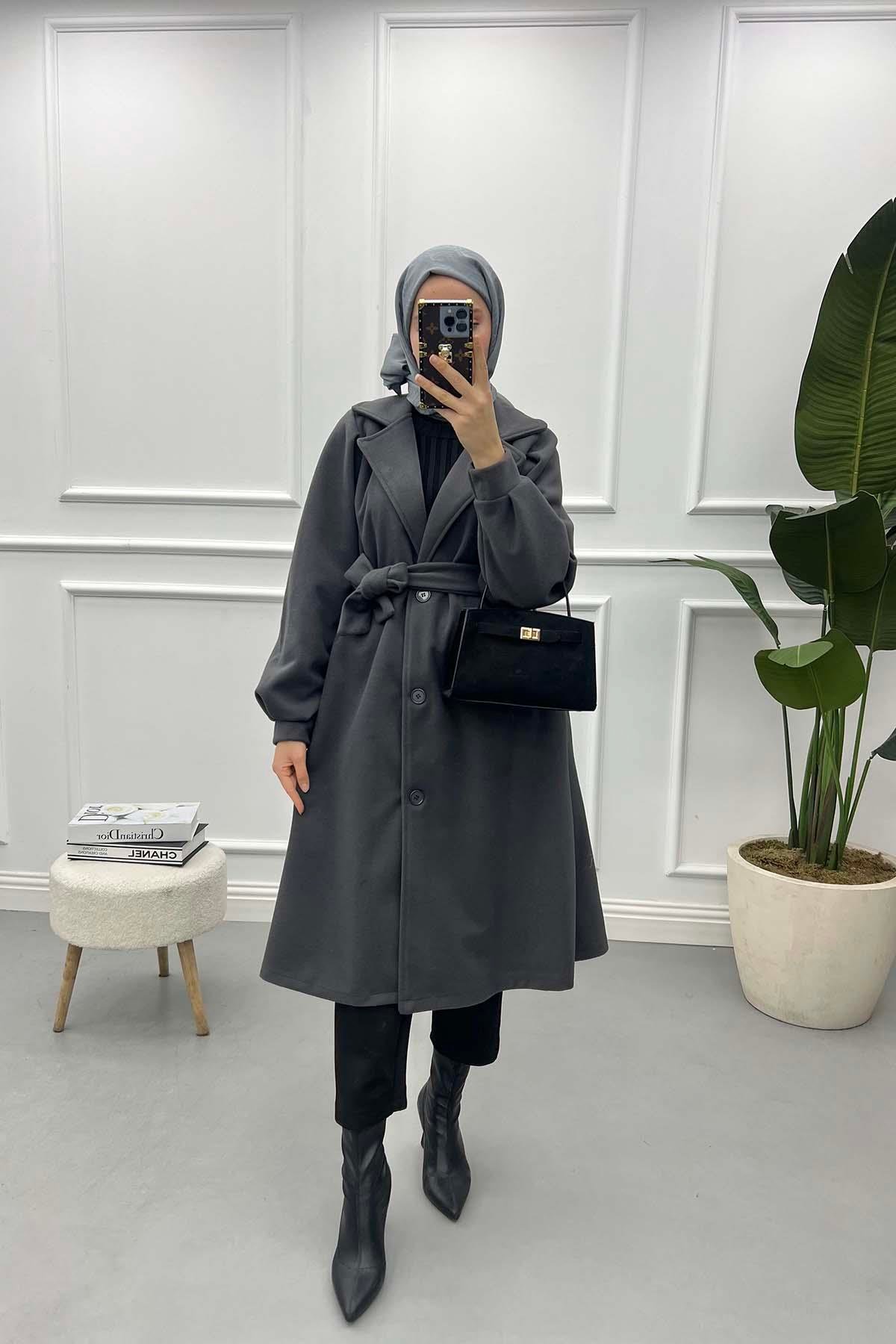 Balloon Sleeve Cashmere Coat Anthracite